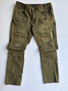 Wakobi Men's Olive Distressed Moto Pants 34x32